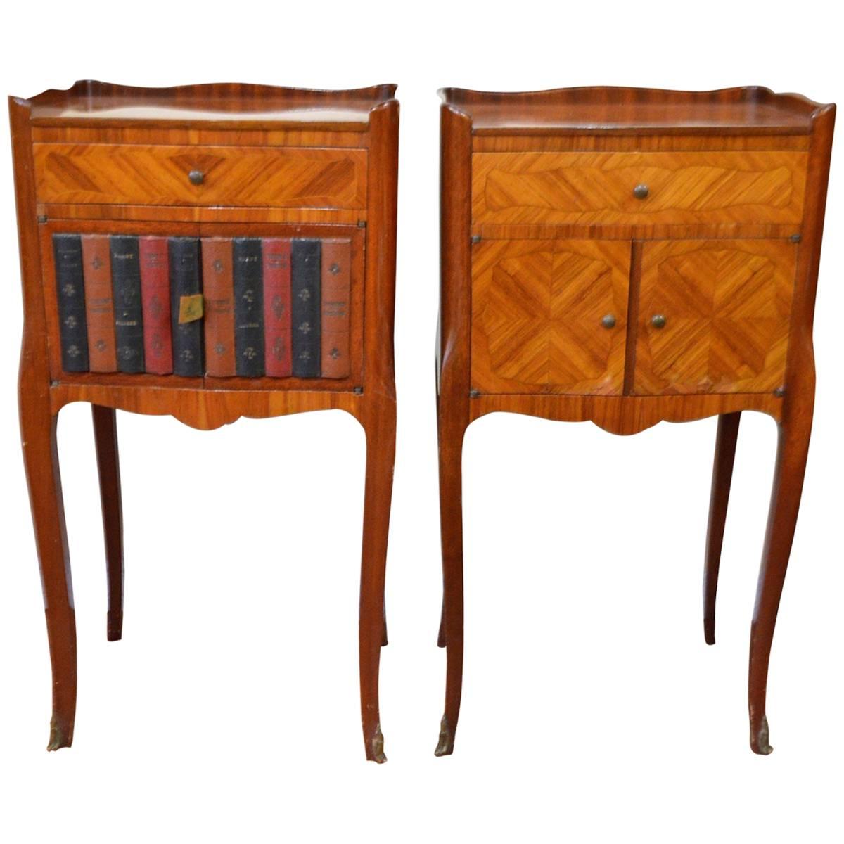 Pair of Transitional Inlay Wood Side Tables One with Faux Leather Books Exterior