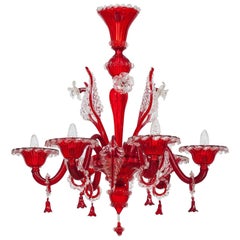 Italian Venetian, Chandelier, Blown Murano Glass, Red and Transparent, 1990s