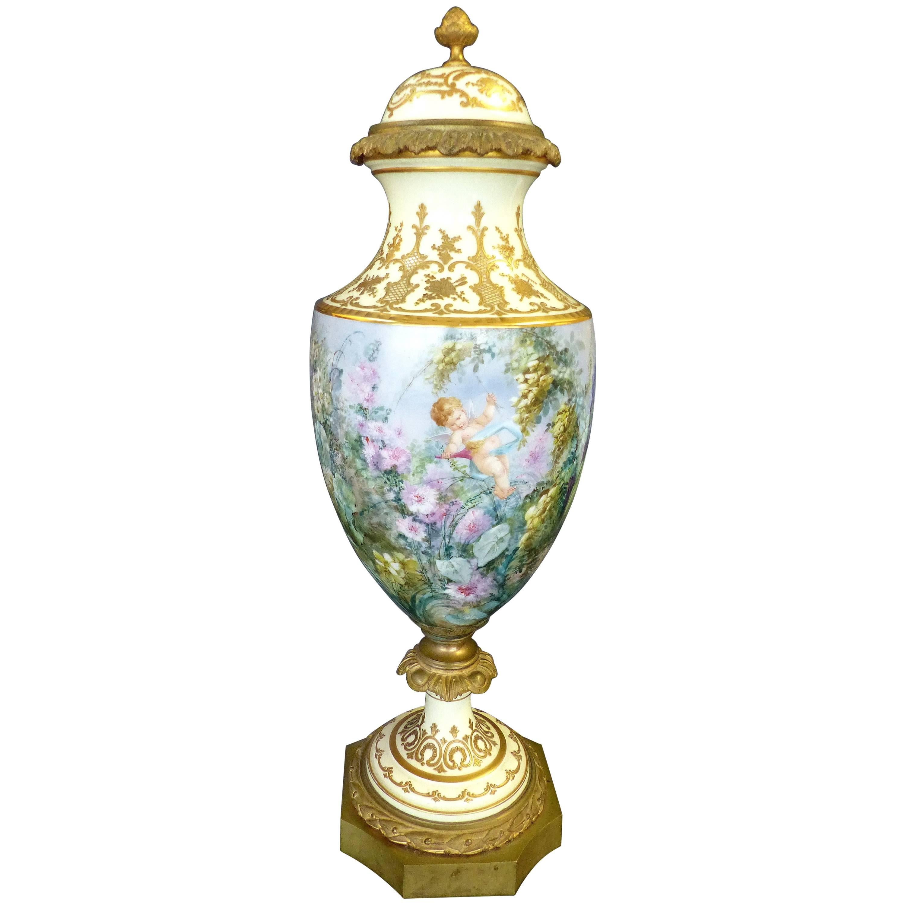 19th Century Hand-Painted Sevres Covered Urn Mounted in Gilt Bronze, Signed