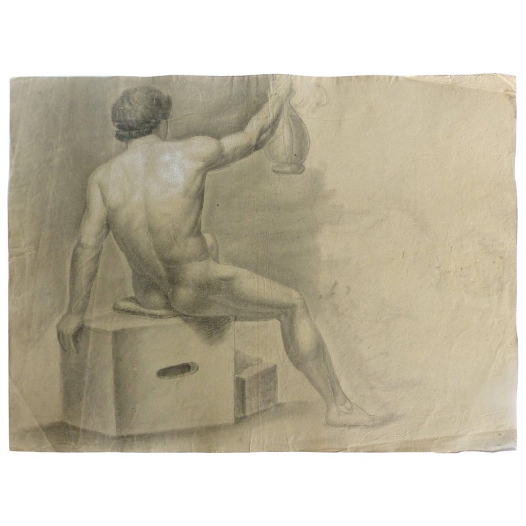 Late 18th Century Graphite and Pastel Drawing of a Male Nude Artist Study For Sale