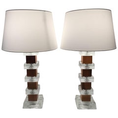 Pair of Large Swedish 1960 Orrefors Glass and Teak Table Lamps