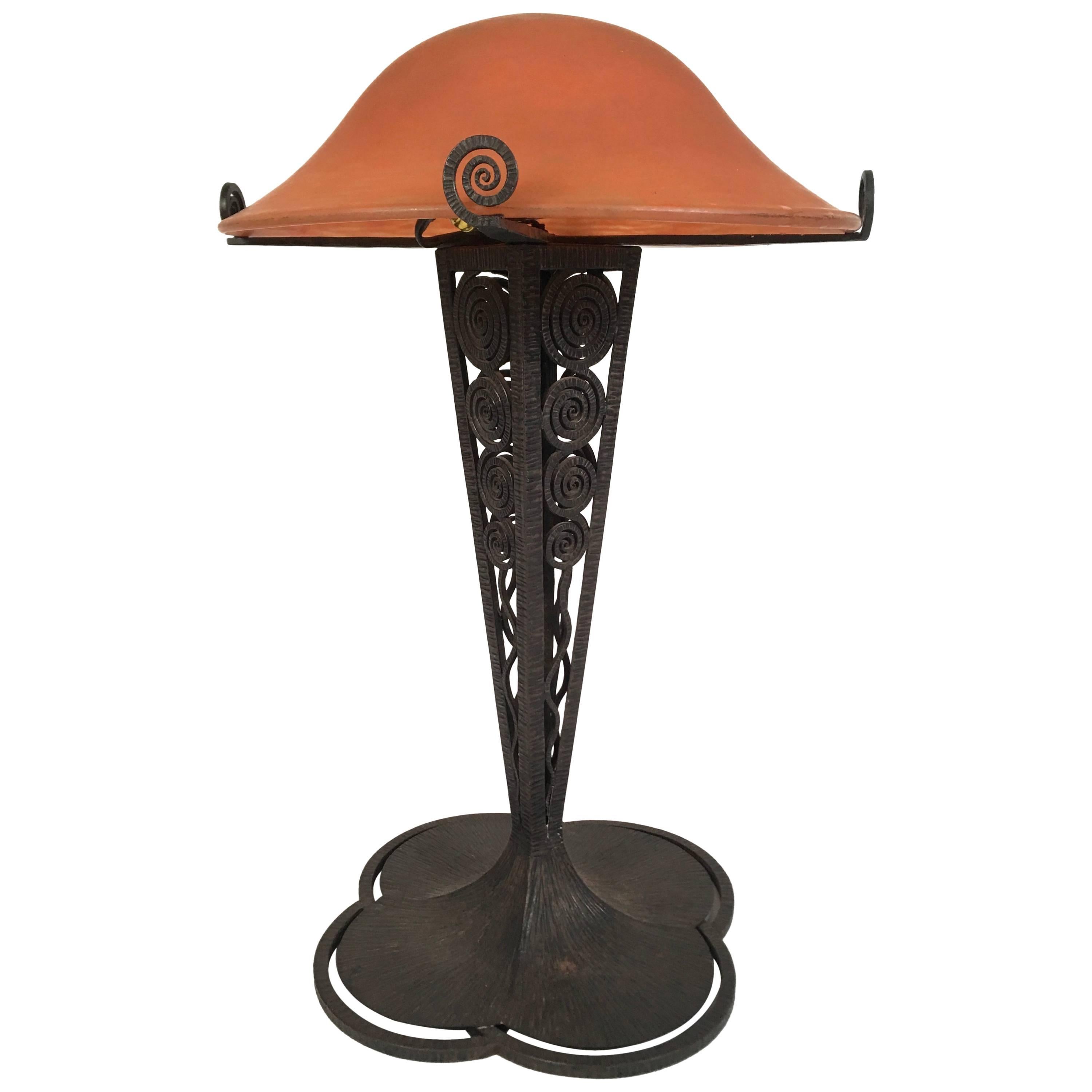 French Art Deco Lamp with Daum Art Glass Shade and Wrought Iron Base