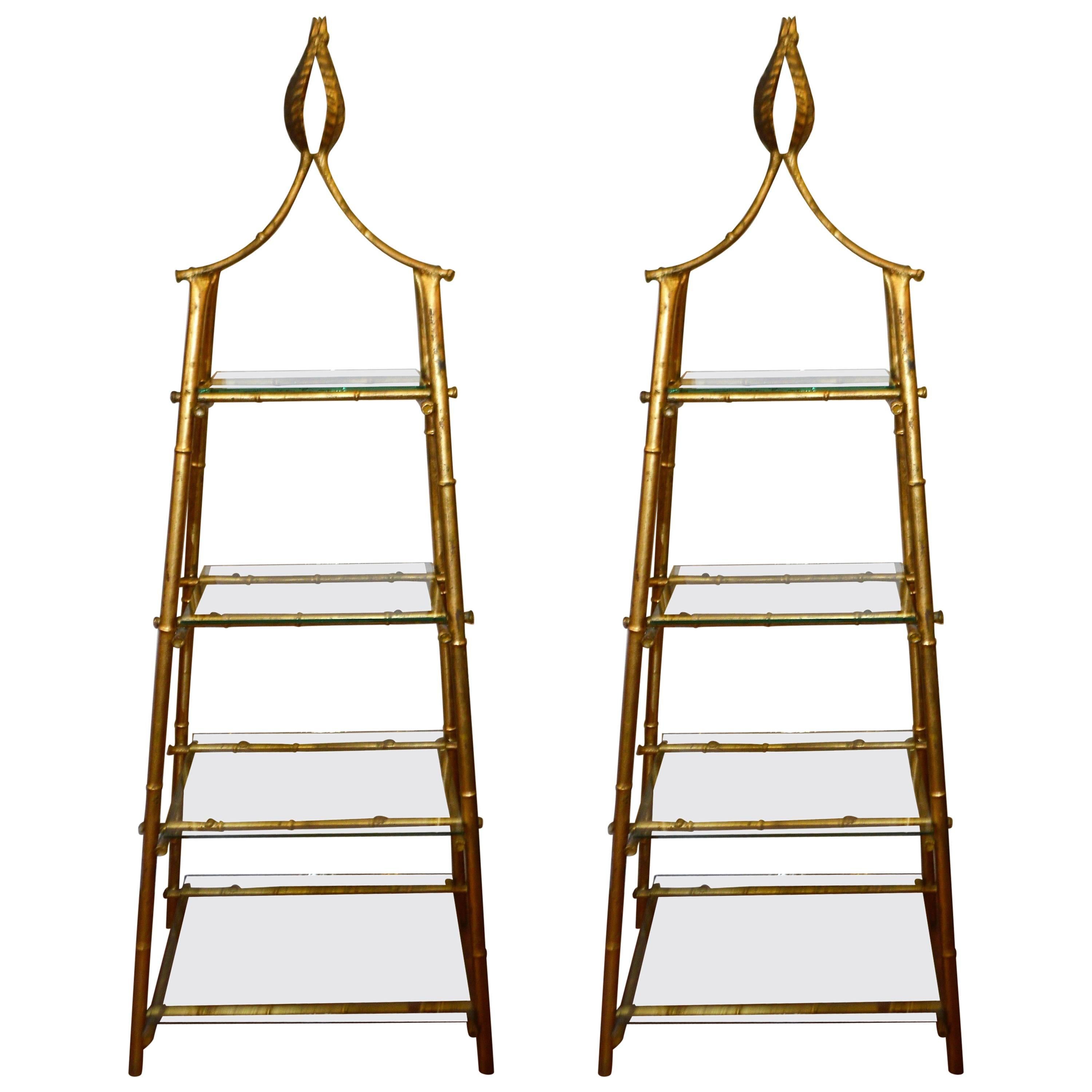 Pair of Gilded Bamboo Metal, Pyramid Shape Bookcases with Glass Shelves
