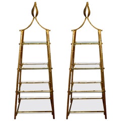Pair of Gilded Bamboo Metal, Pyramid Shape Bookcases with Glass Shelves