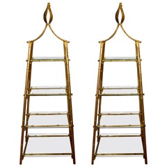 Pair of Gilded Bamboo Metal, Pyramid Shape Bookcases with Glass Shelves