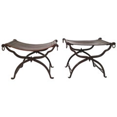Matched Pair of Leather and Iron Morgan Colt Stools or Benches