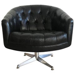 Ward Bennett Tufted Black Leather Swivel Club Chair