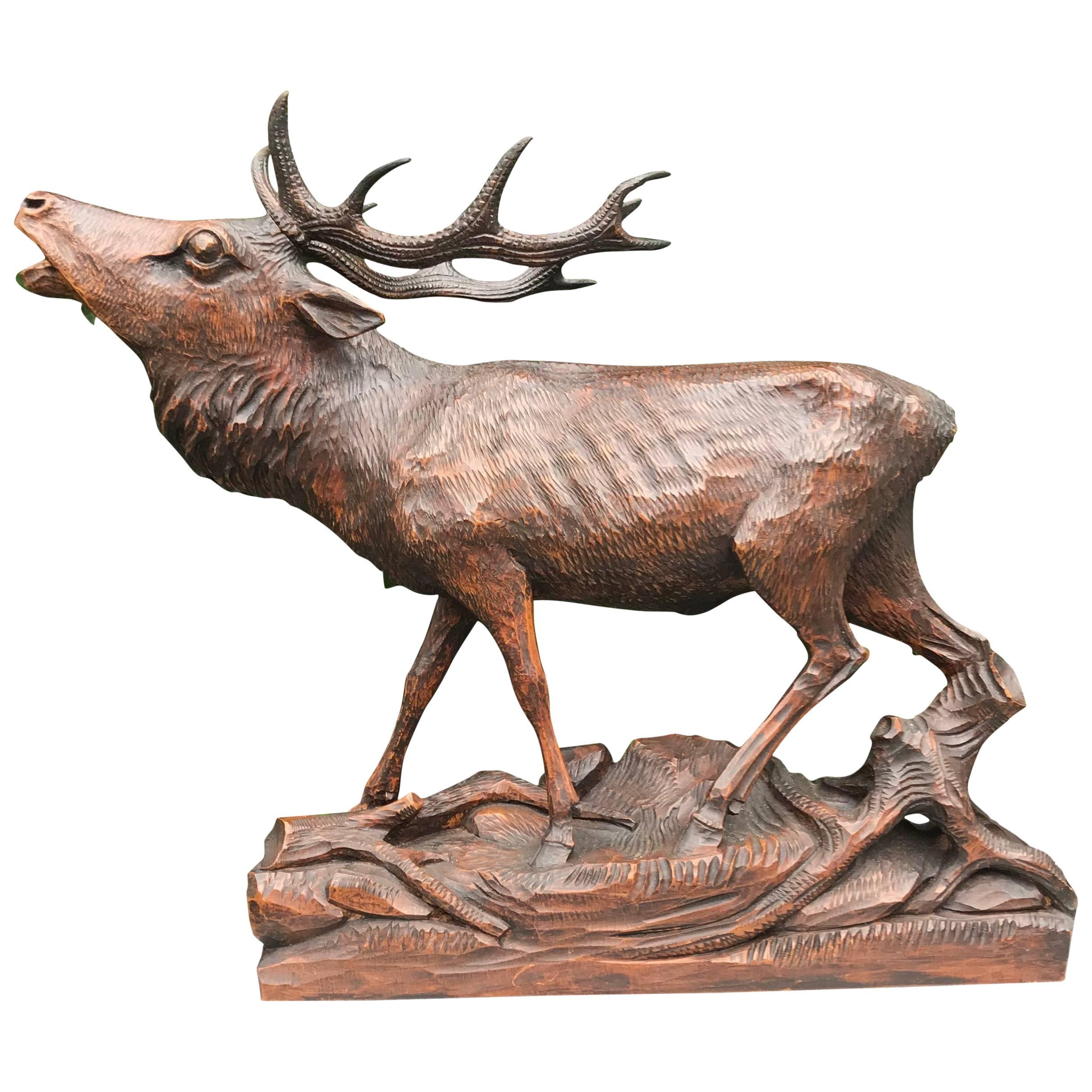 Grande sculpture de cerf en bois de ronce finement sculptée du début de la Forêt-Noire, datant du début 1900