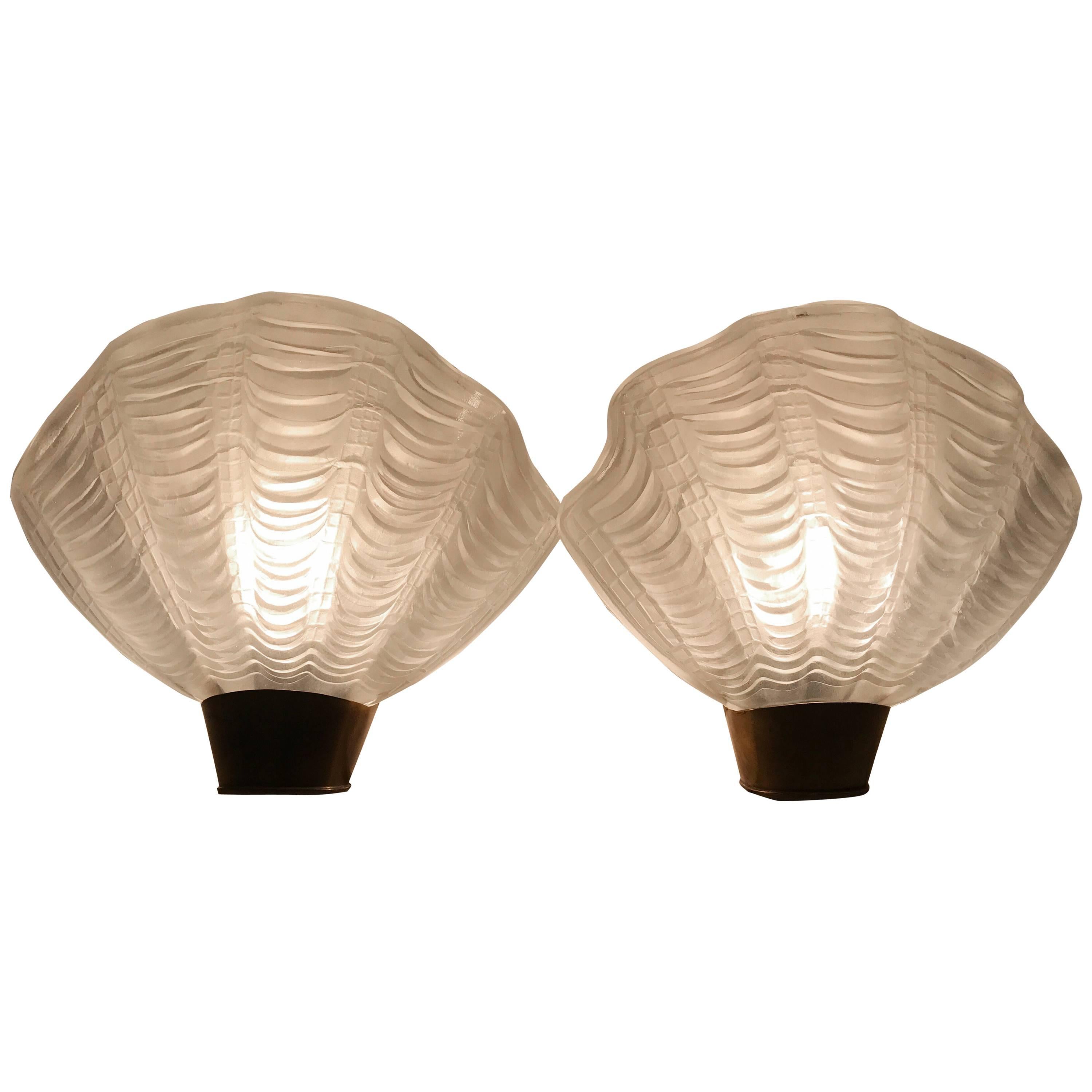 Pair of 1940 Swedish ASEA Brass and Glass Wall Sconce "Coquille" For Sale