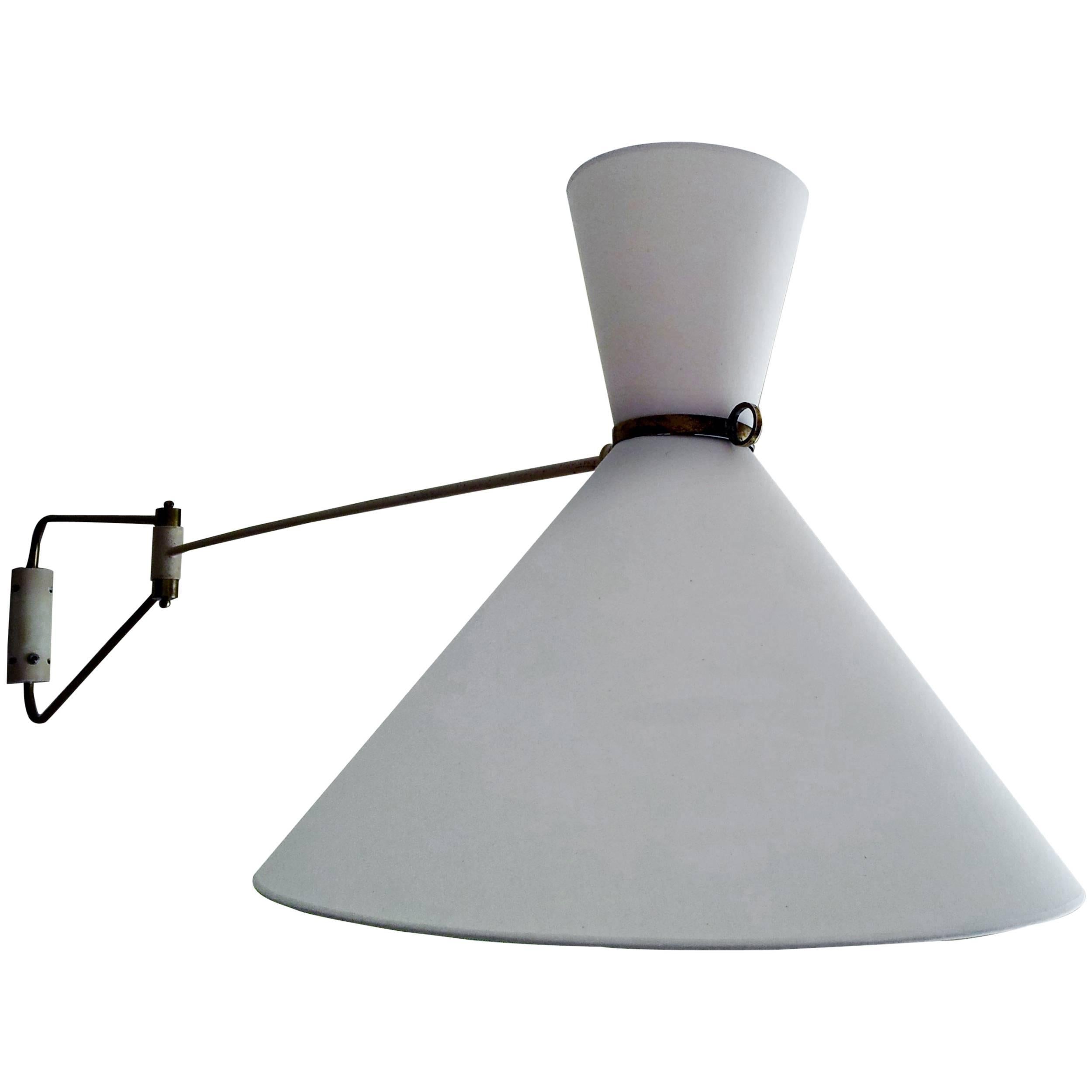 Robert Mathieu, 1950s Large White Lacquered Metal and Brass Adjustable Wall Lamp