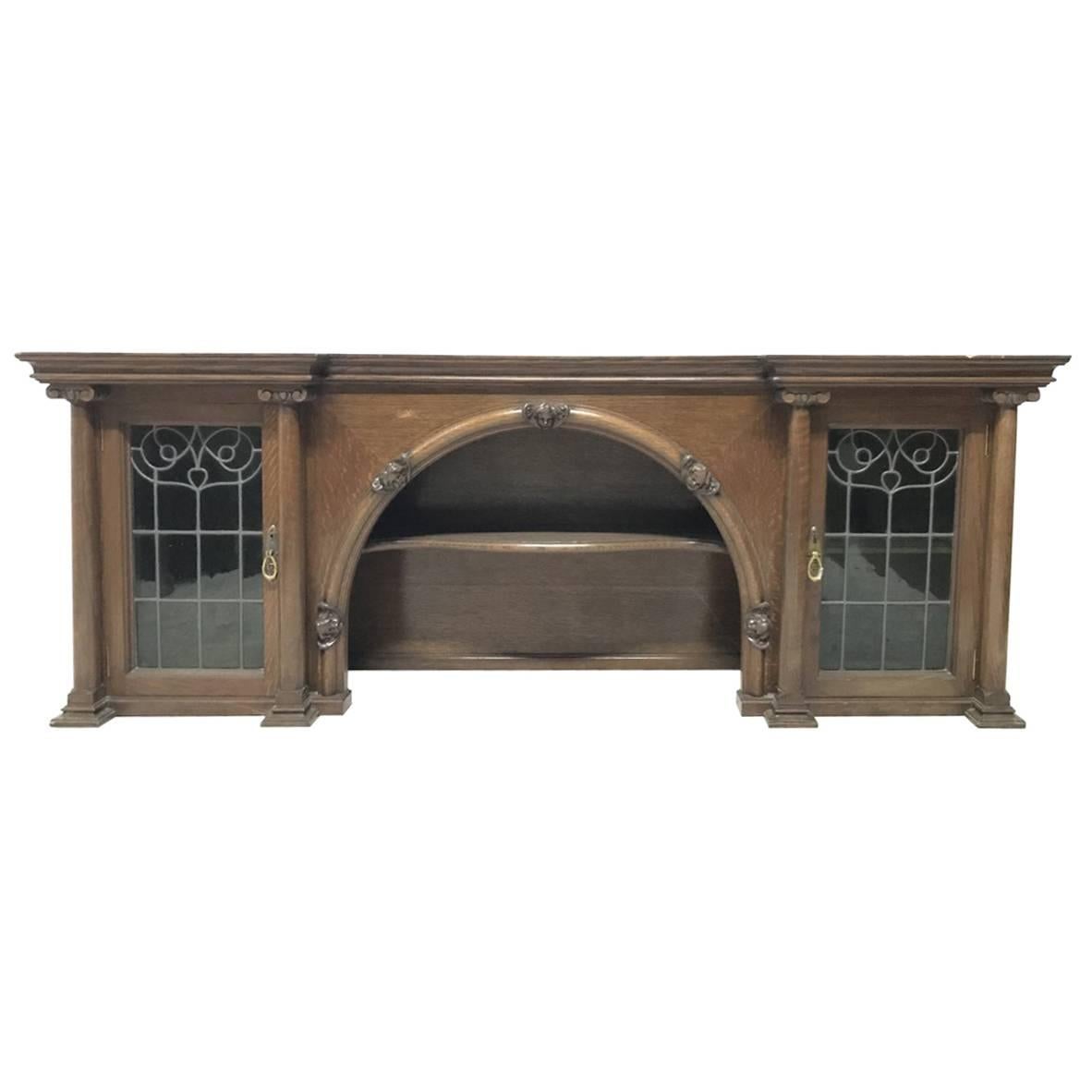 John Ednie Arts & Crafts Glasgow Oak over Mantle, Carved Cherubs and Stain Glass For Sale