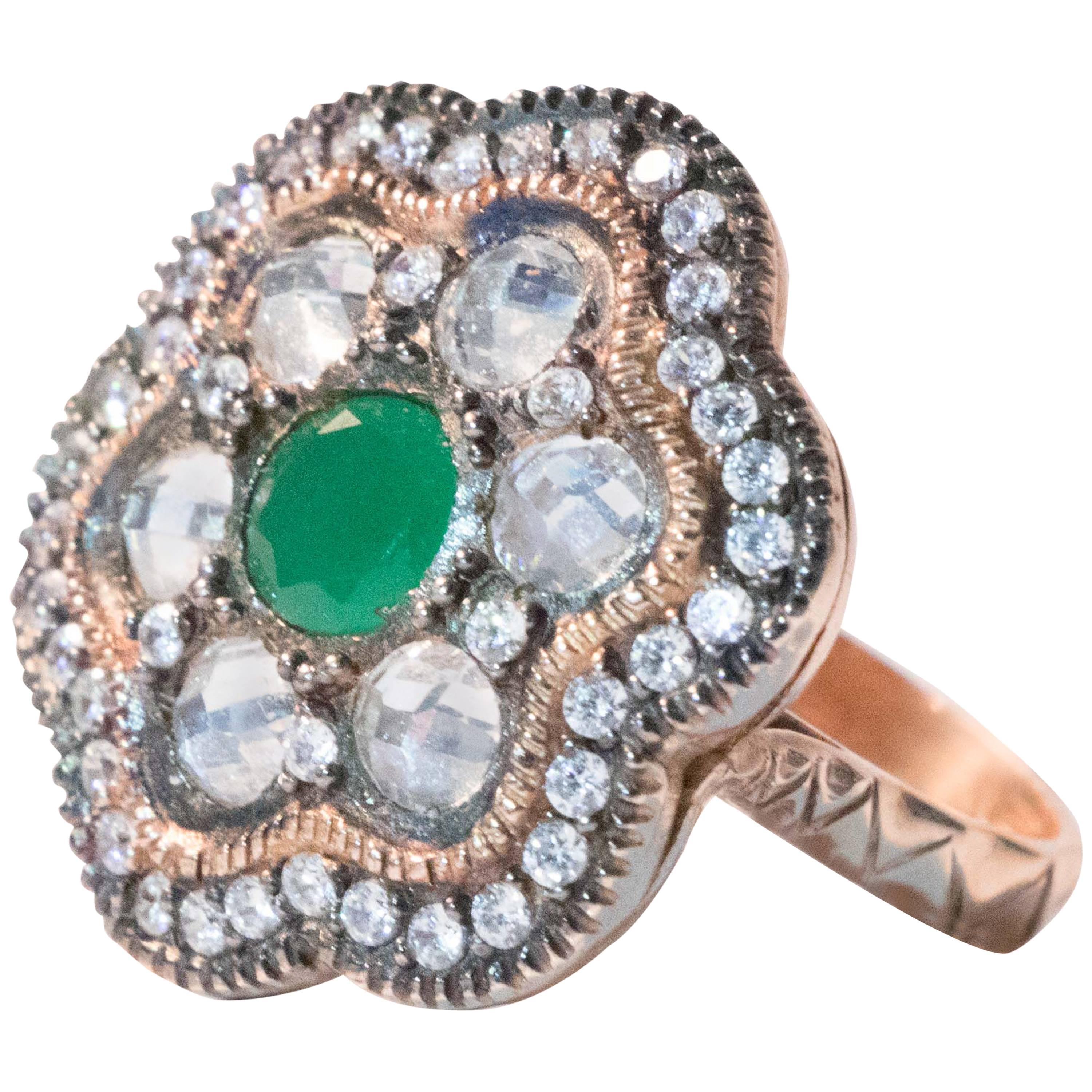 Stunning Vintage Swavorski Emerald, Zirconia and Crystal .925 Rose Plated Ring For Sale