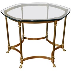 Midcentury Modernist Brass Cocktail Table, Bevelled Glass Top and Hoof Feet