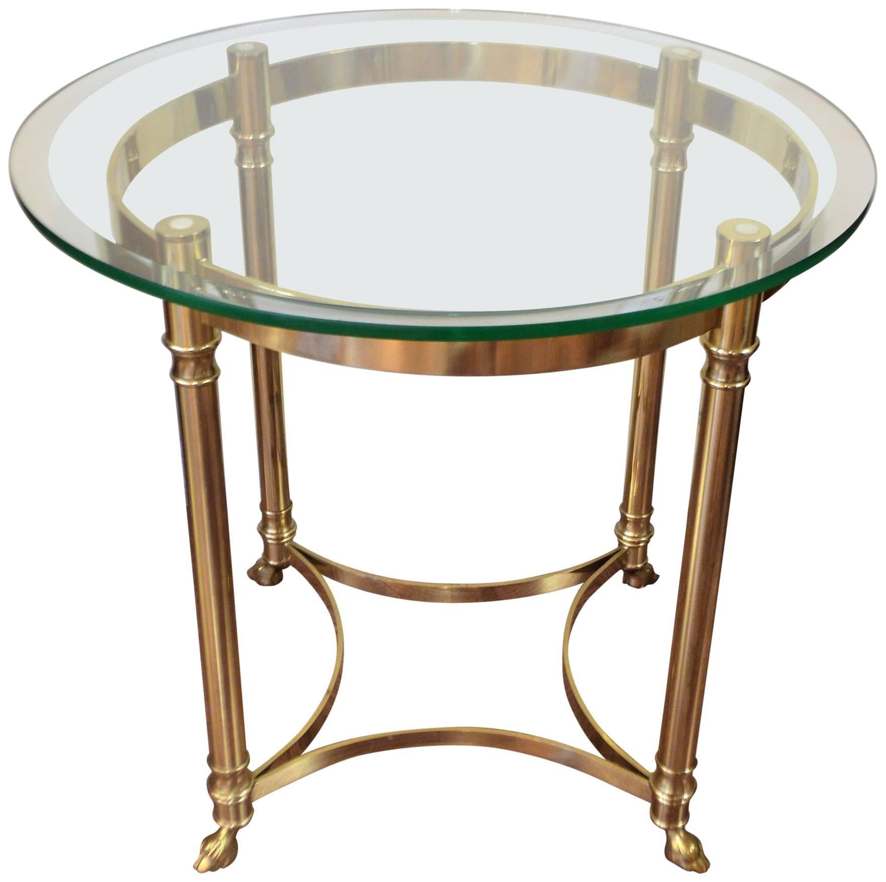 Mid-Century Modernist Polished Brass Side Table, Bevelled Glass Top & Hoof Feet