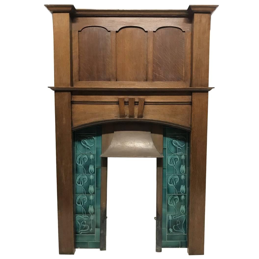 Arts & Crafts Oak Fireplace with Original Turquoise Floral Tiles and Copper Hood