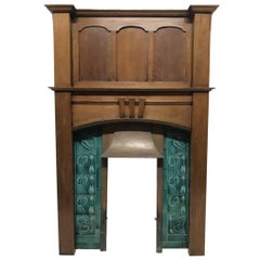 Arts & Crafts Oak Fireplace with Original Turquoise Floral Tiles and Copper Hood