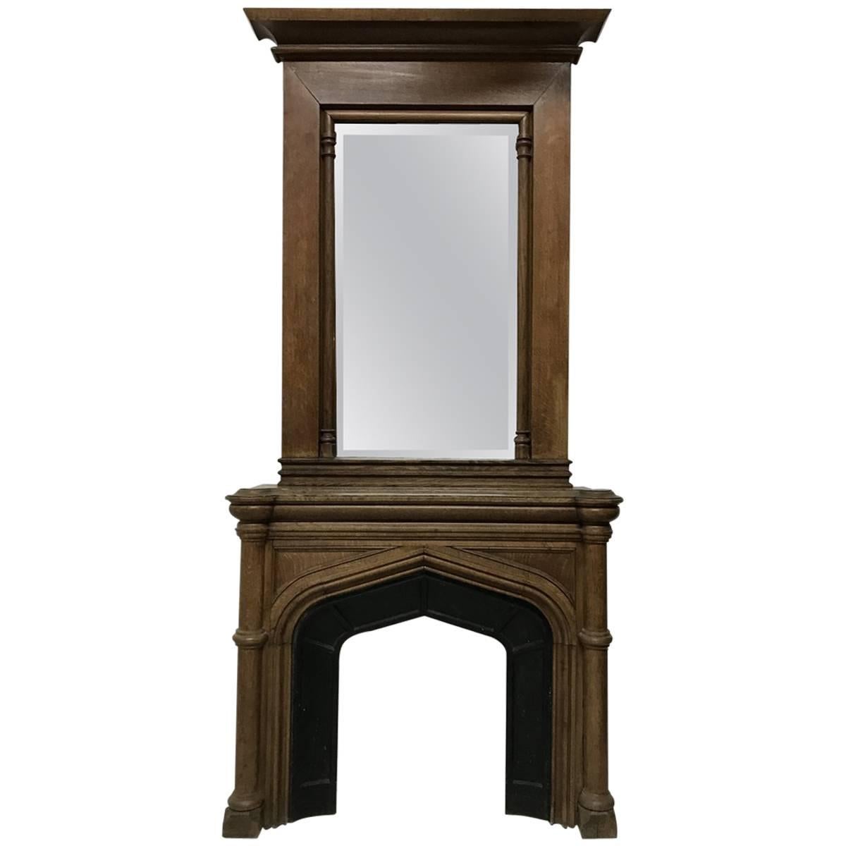 Gothic French Oak Fireplace with Original Overmantel Mirror and Turned Pillars