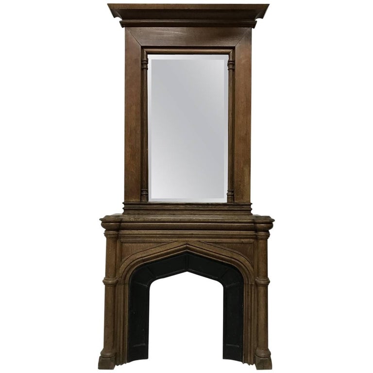 Gothic French Oak Fireplace with Original Overmantel Mirror and Turned Pillars at 1stDibs oak