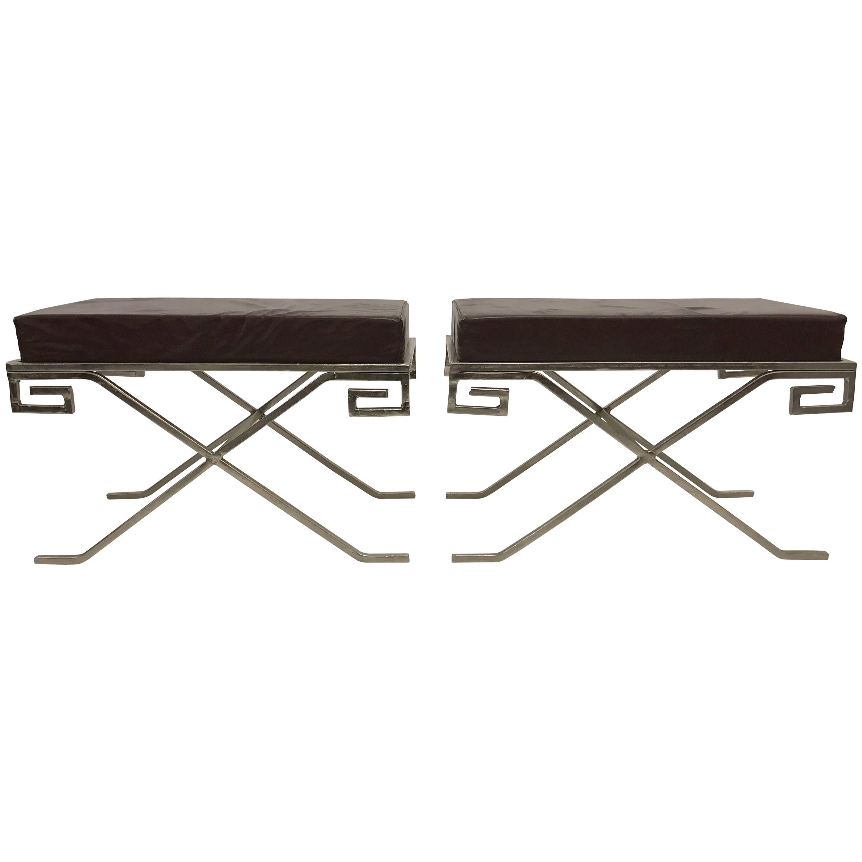 Pair of Modern Greek Key Neoclassical Benches after Jean Michel Frank For Sale