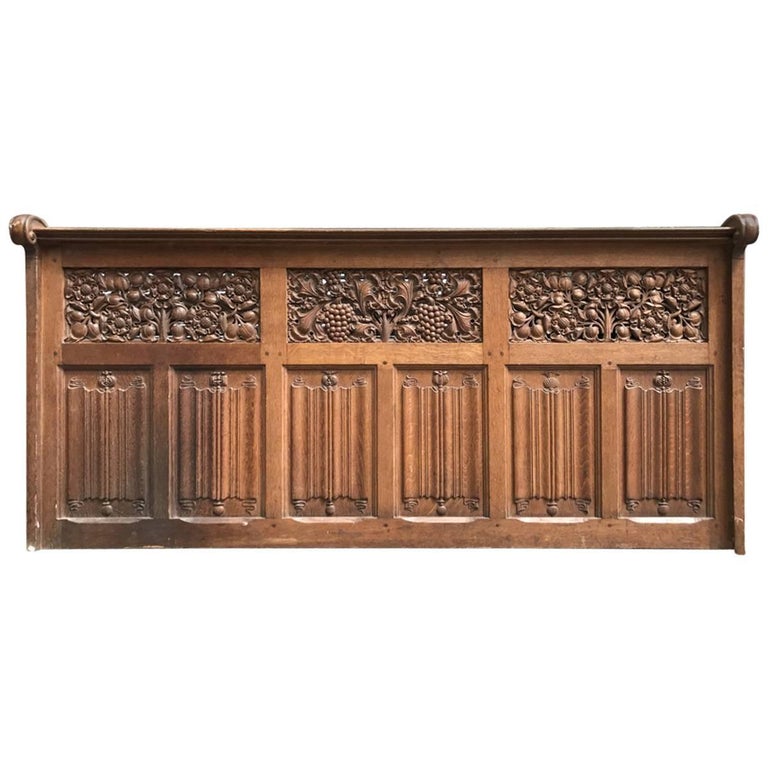 Arts and Crafts Oak Panelling with Hand Carved Pomegranates, Roses and