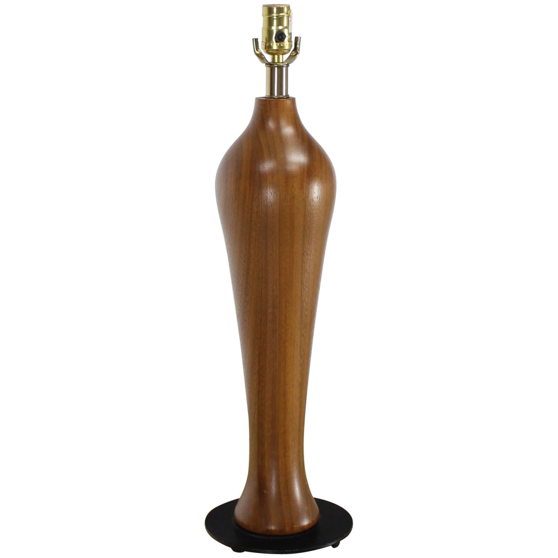 Solid Carved Turned Teak Vase Shape Table Lamps For Sale