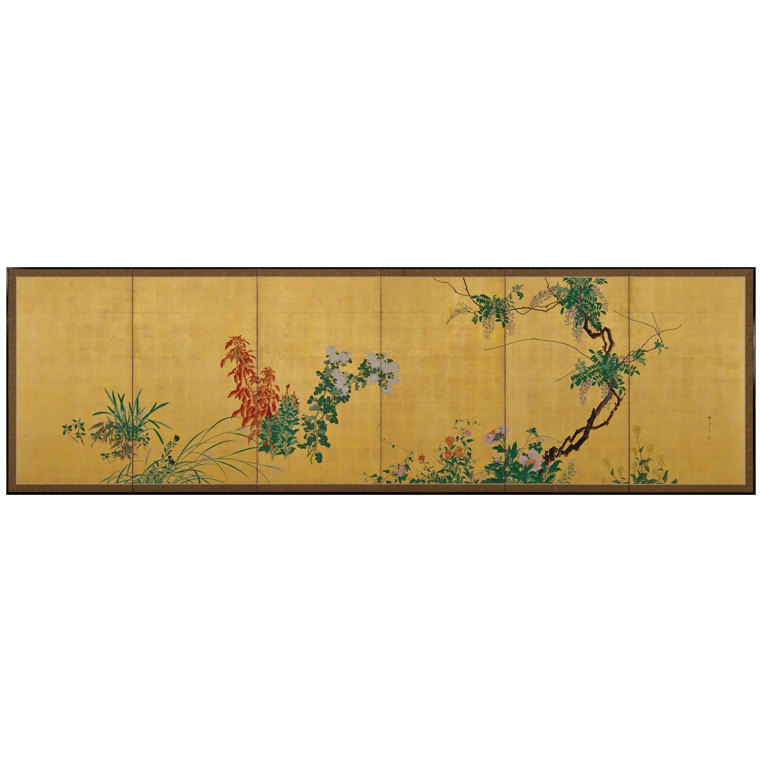Kishi Ganryo “Flowers of the Four Seasons” Japanese Folding Screen