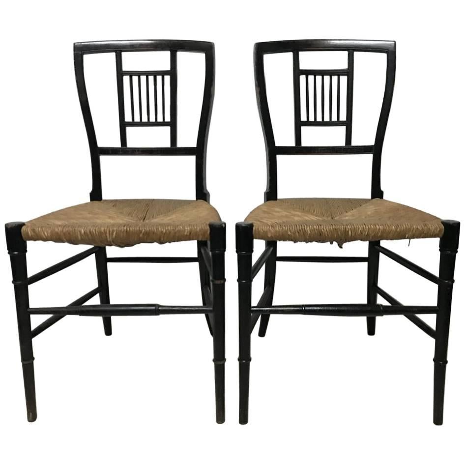 E W Godwin, Pair of Anglo-Japanese Ebonized Rush Seat Chairs
