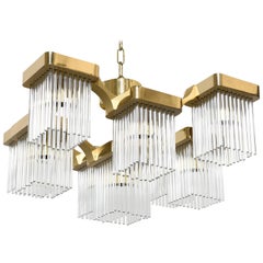 Hollywood Regency Brass and Glass Rod Waterfall Chandelier Designed by Sciolari