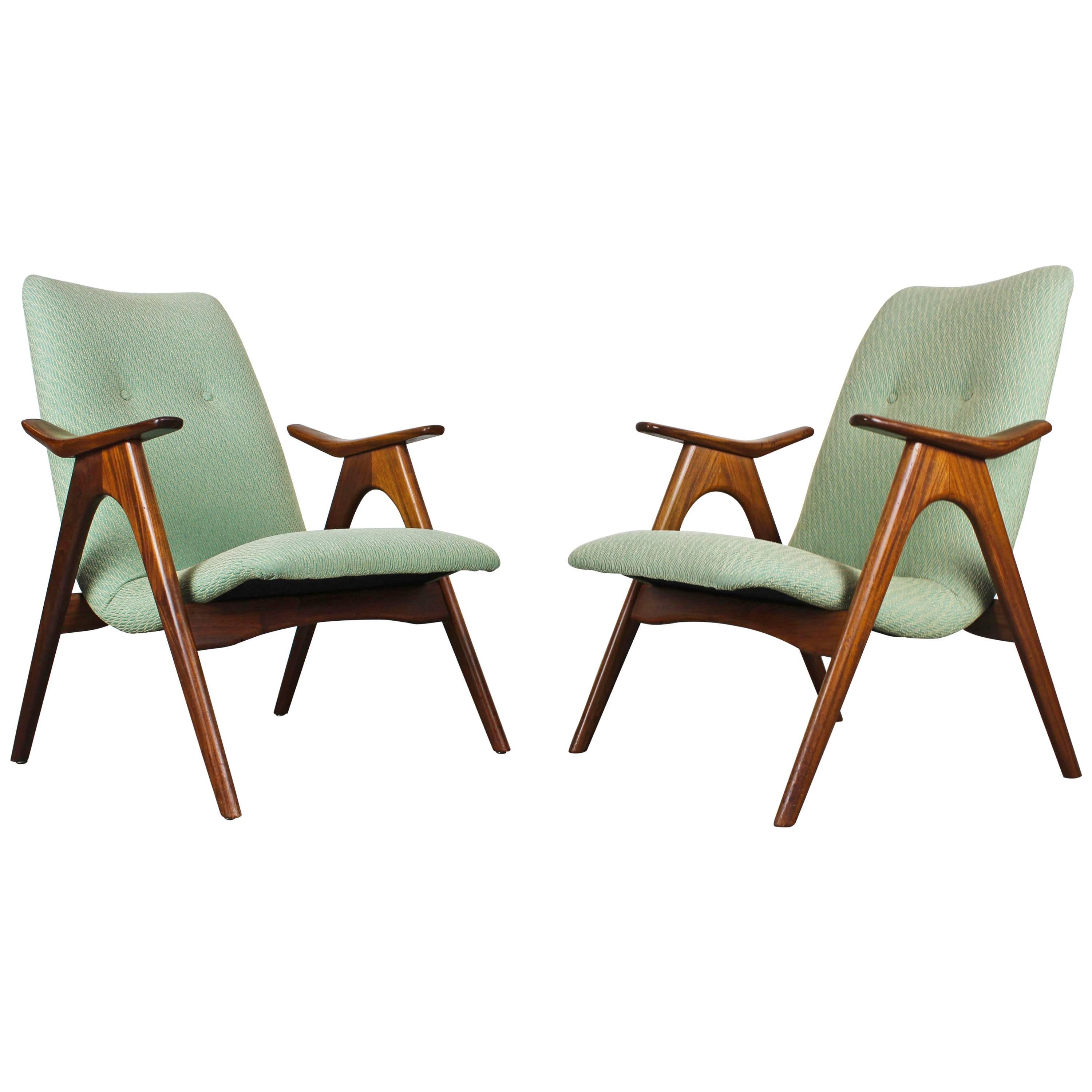 Pair of Louis Van Teeffelen Lounge Chairs for Webe, 1960 Solid Teak Green White