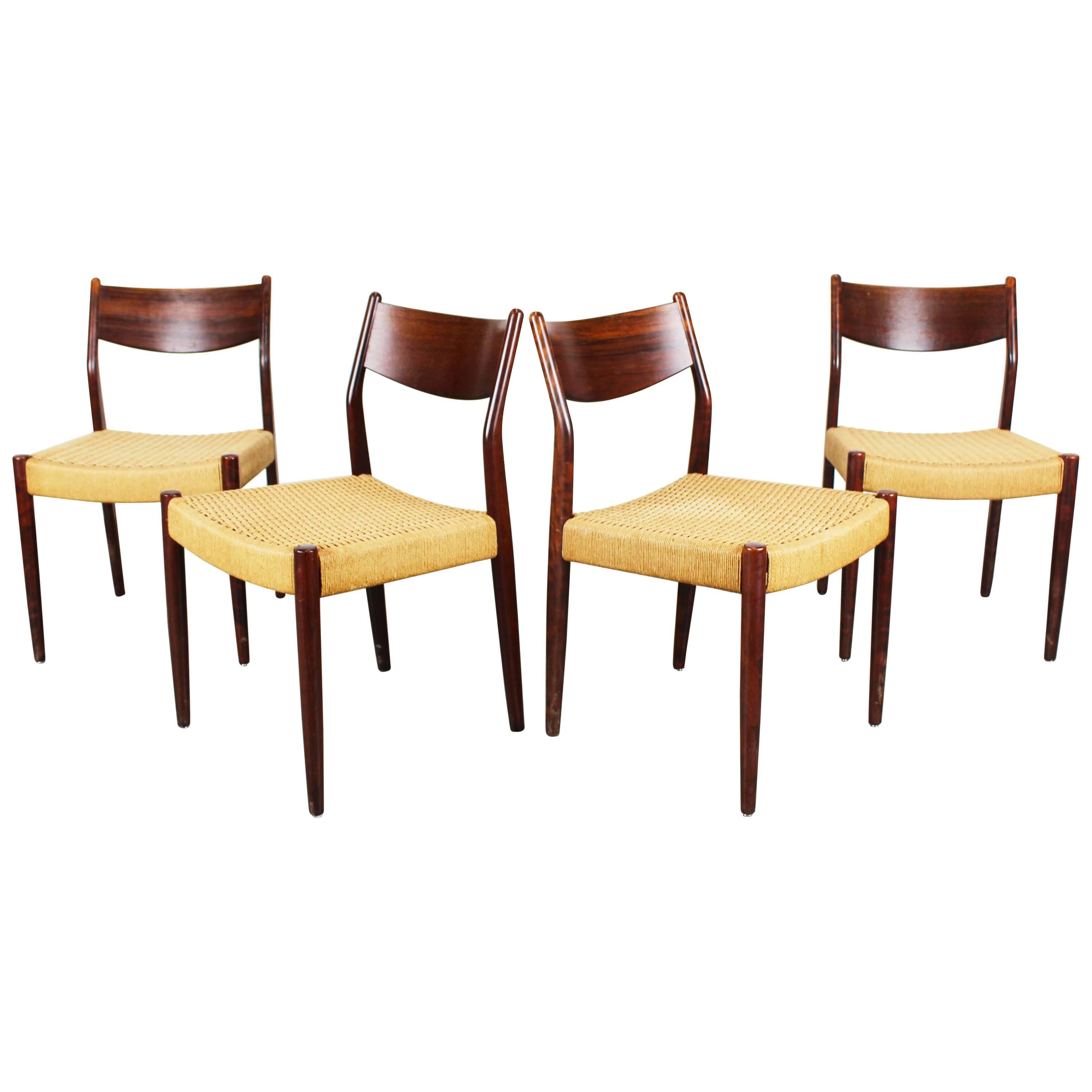 Set of Four Dutch Dining Chairs in Rosewood and Papercord by Pastoe Brown Beige