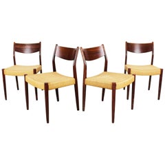 Set of Four Dutch Dining Chairs in Rosewood and Papercord by Pastoe Brown Beige