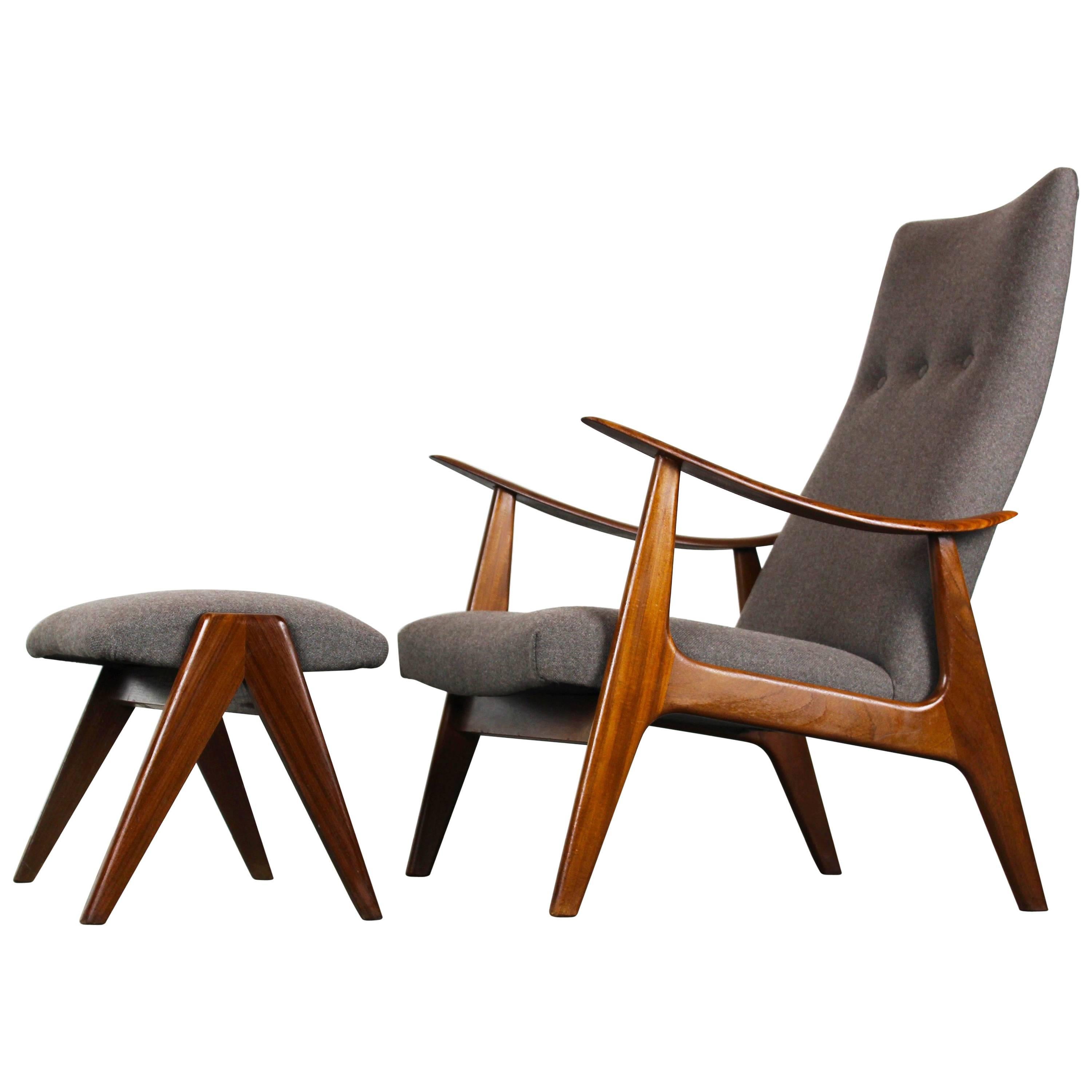 Louis Van Teeffelen Lounge Chair and Ottoman for Webe, 1960, Grey and Brown