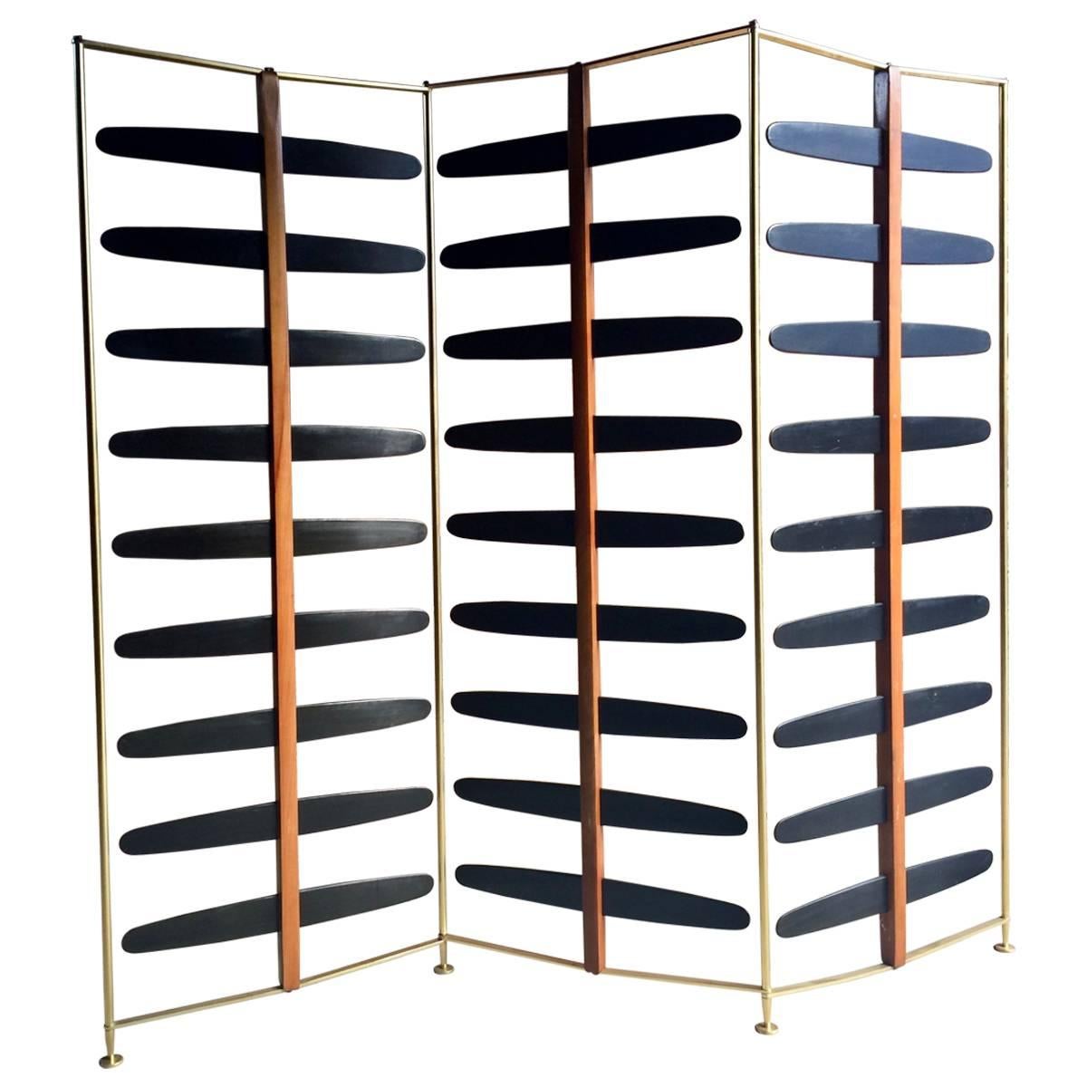 French Room Divider Three-Section Screen Midcentury Brass, 1950s