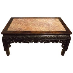Carved Hardwood and Marble Inset Antique Chinese Coffee Table