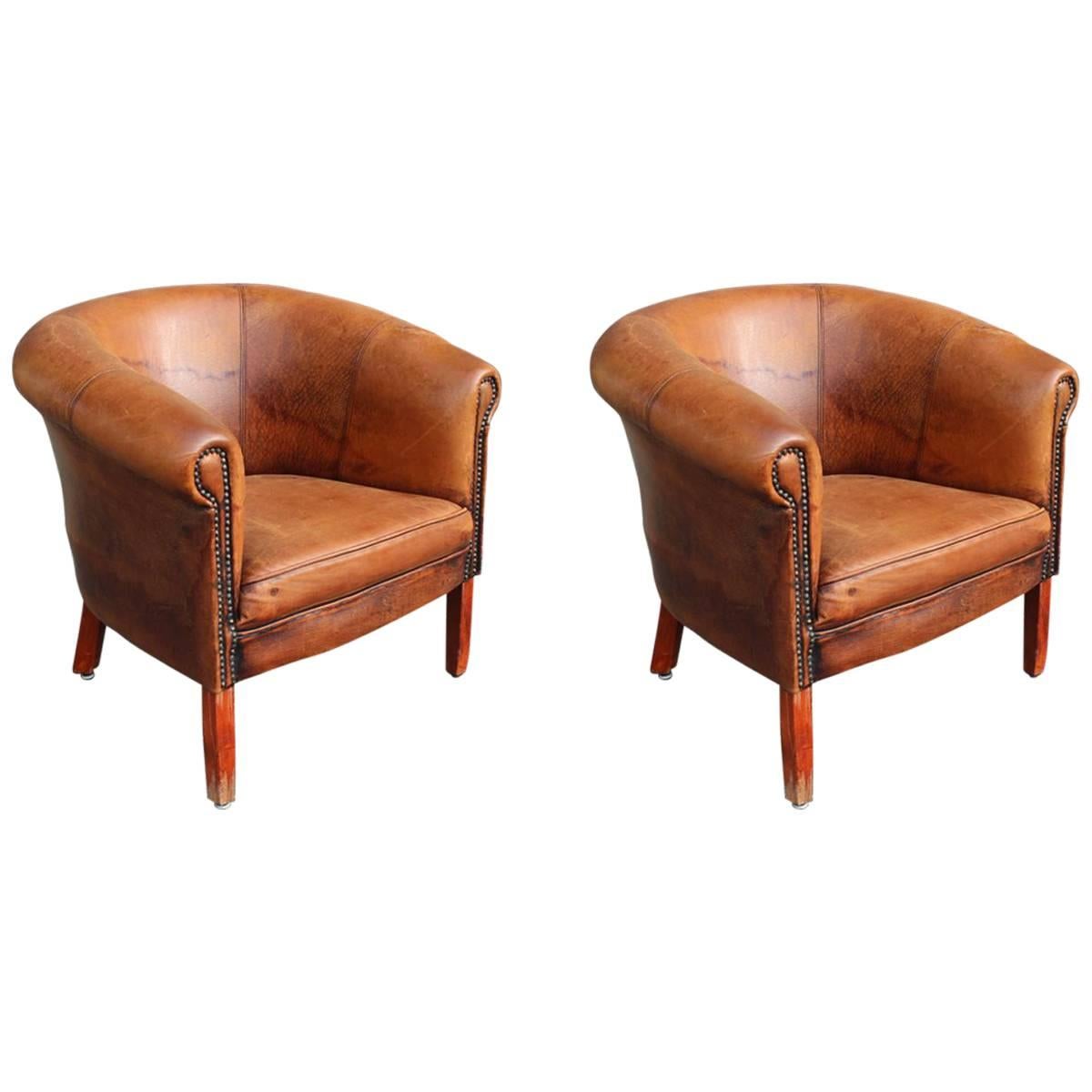 Two Club Brown Leather Armchairs, Italy 