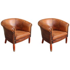 Two Club Brown Leather Armchairs, Italy
