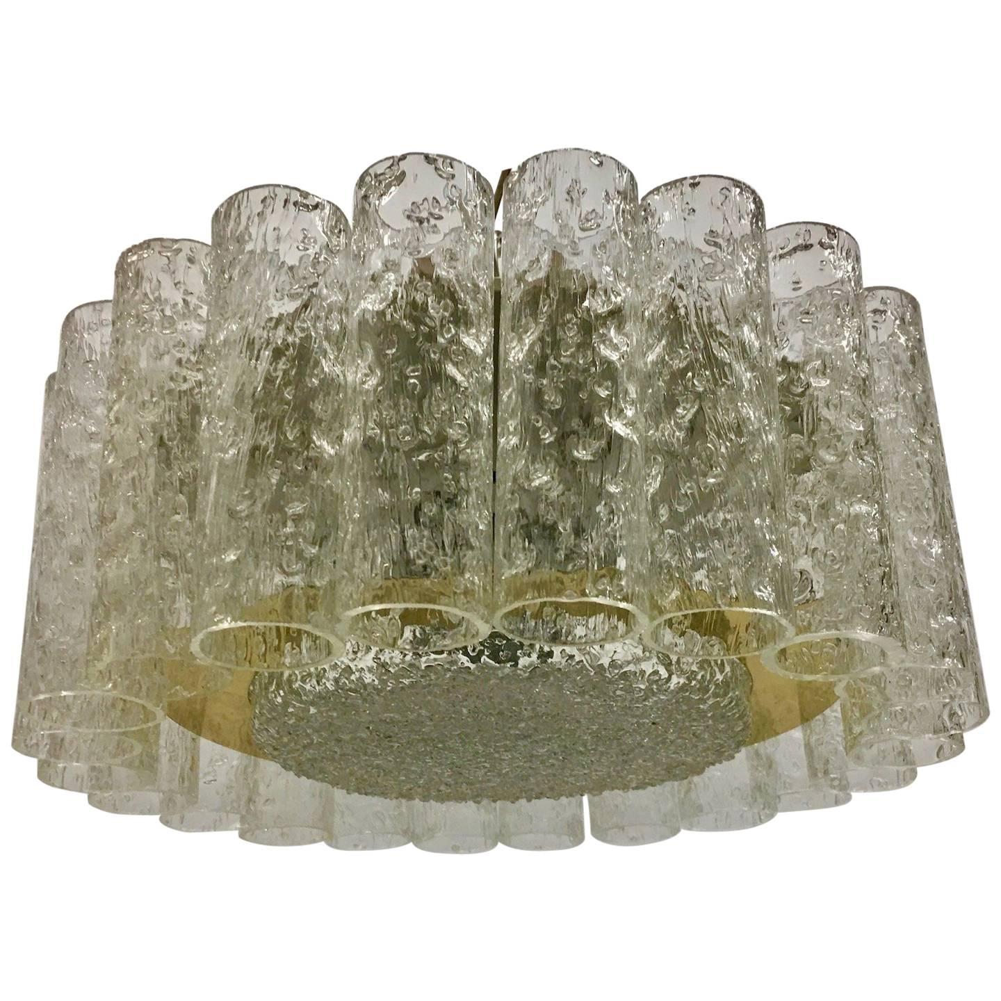 Petite Midcentury Doria Glass Tube Ice Glass Flush Mount For Sale