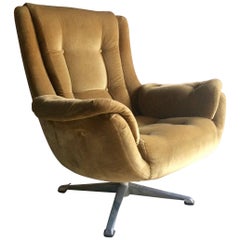 Midcentury Armchair Gold Velvet Lounge Swivel Chair, 1960s