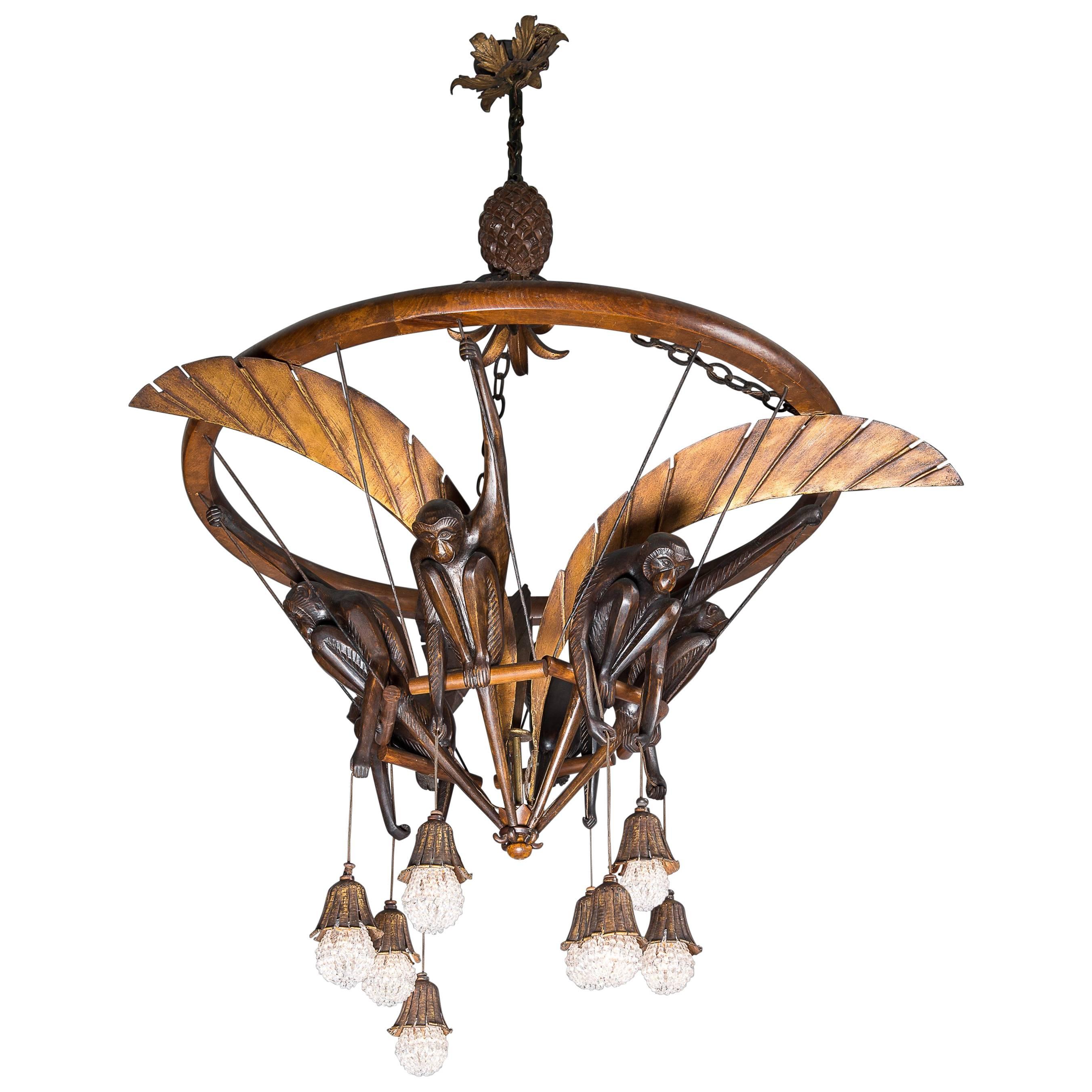 Monkey's Chandelier in Carved Wood, Gilt Iron and Glass Beads, Art Deco Period