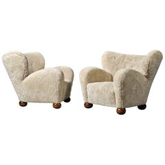 Marta Blomstedt Pair of Easy Chairs in Sheepskin for Hotel Aulanko Finland, 1939