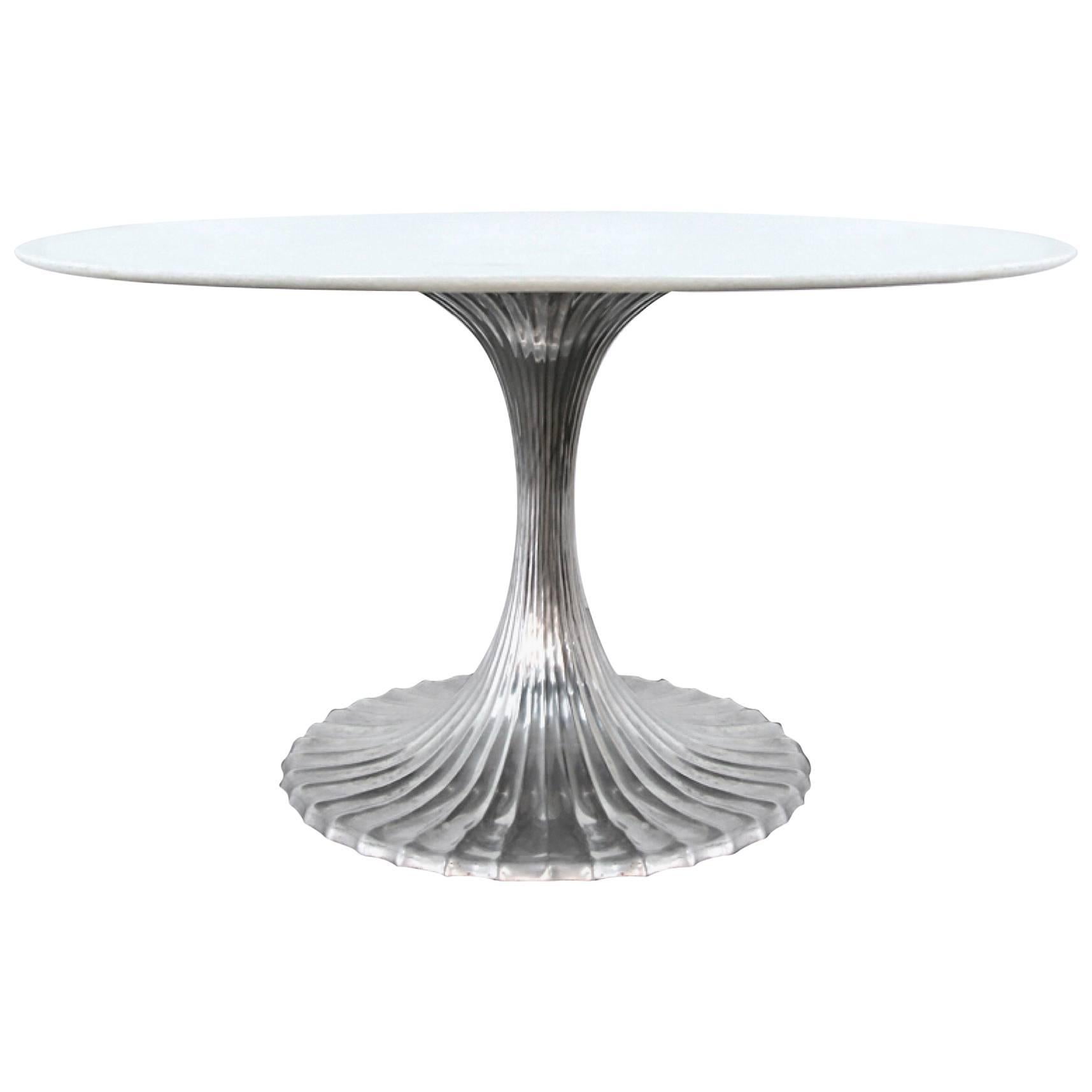 Rare Midcentury Round Table with Unique Fluted Silver Metal Base