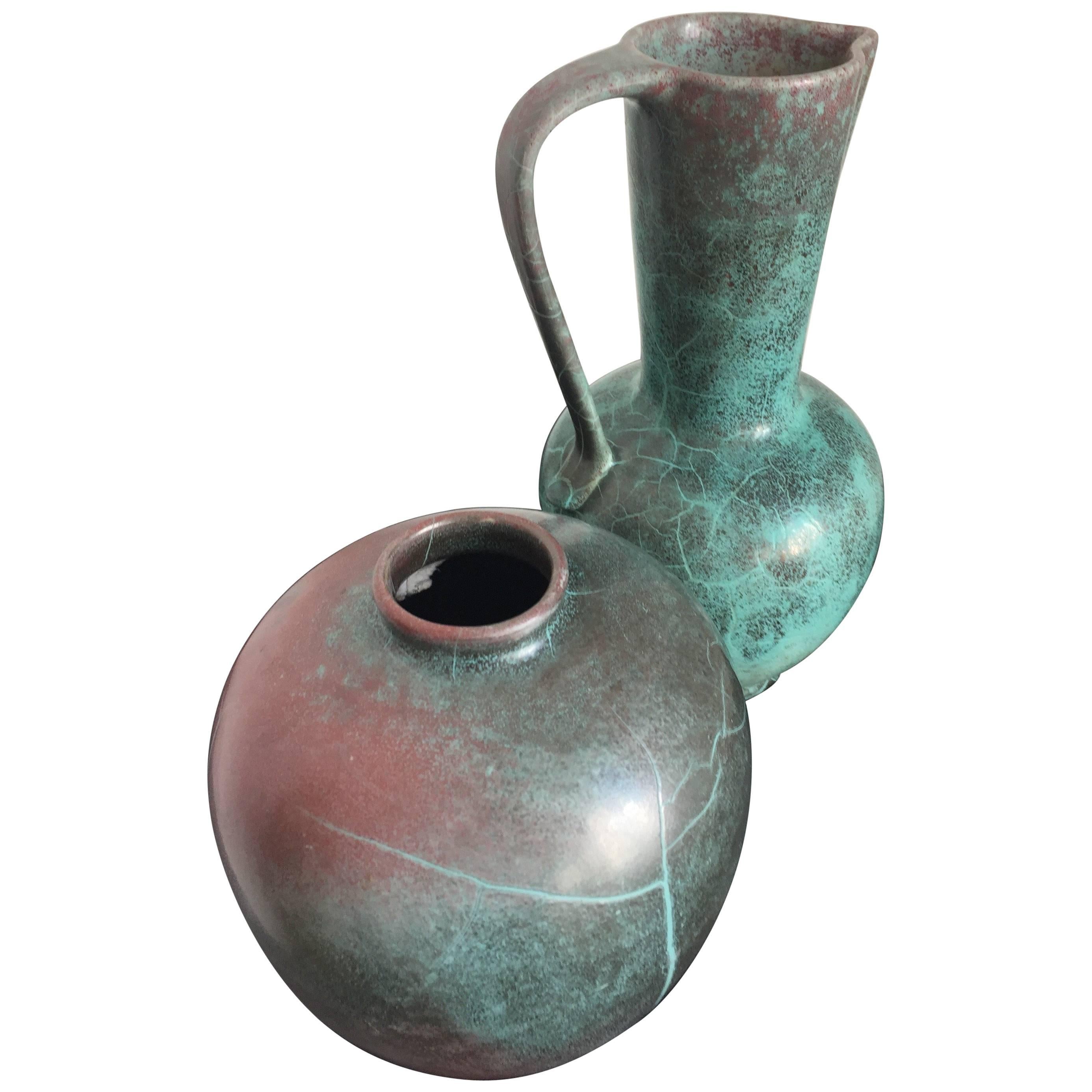 Richard Uhlemeyer Vase and Jar Ceramic German Pottery Green and Terra Cotta Red