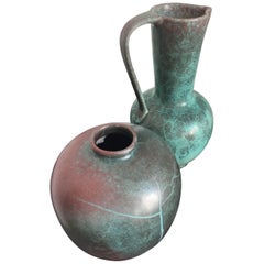 Richard Uhlemeyer Vase and Jar Ceramic German Pottery Green and Terra Cotta Red
