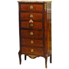 French Louis XVI Style Six-Drawer Bronze-Mounted Marble-Top Semainier Commode
