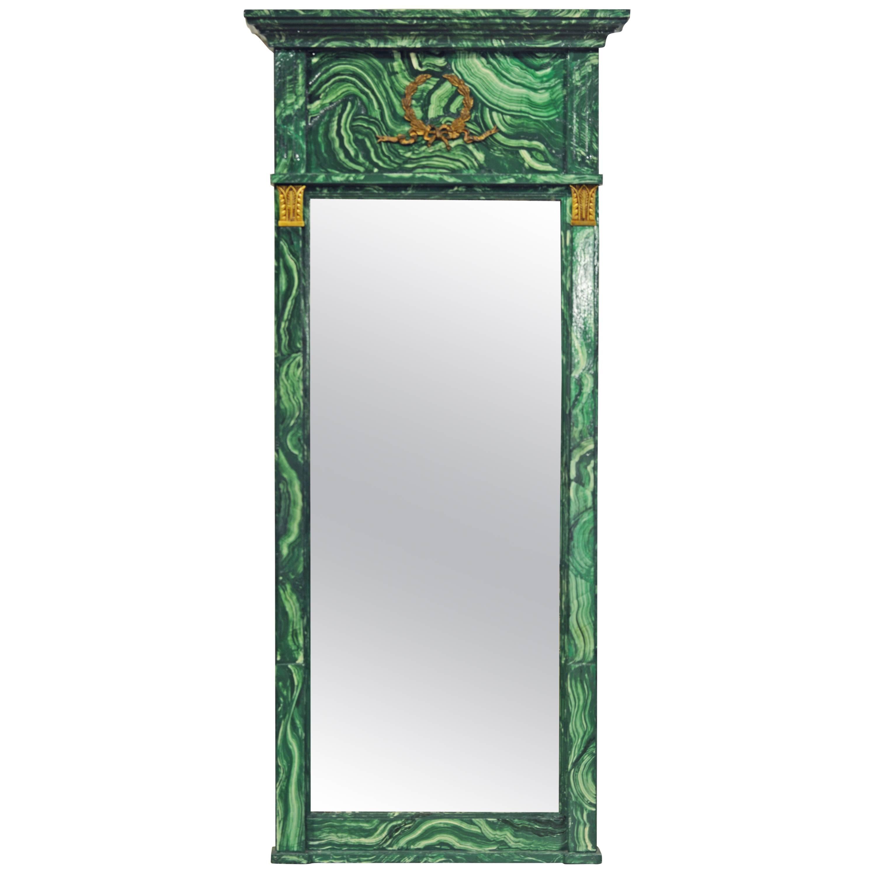 Spectacular French Neoclassical Style Malachite Painted & Bronze Mounted Mirror
