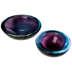 Pair of Deep Sommerso Glass Bowls by Murano Artist Flavio Poli, circa 1960