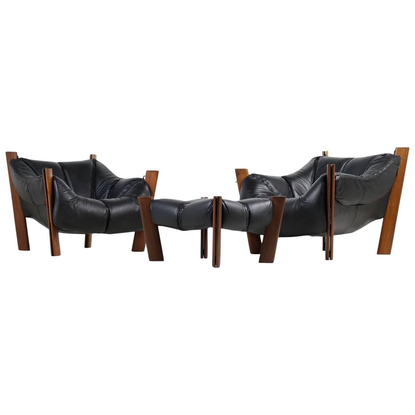 Brazilian 1970s Percival Lafer Lounge Chairs & Ottoman Jacaranda & Black Leather For Sale