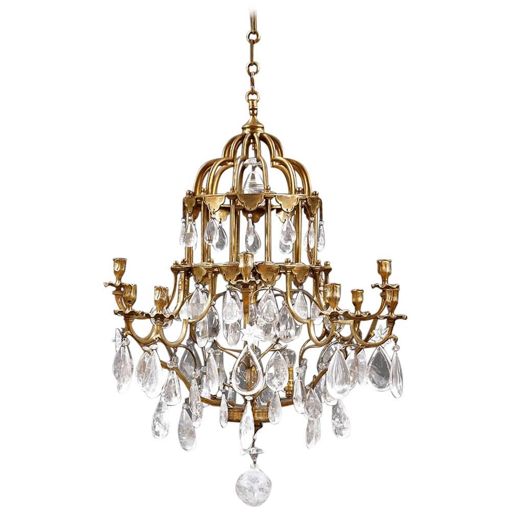 Early 20th Century French Twelve-Armed Bronze and Rock Crystal Chandelier