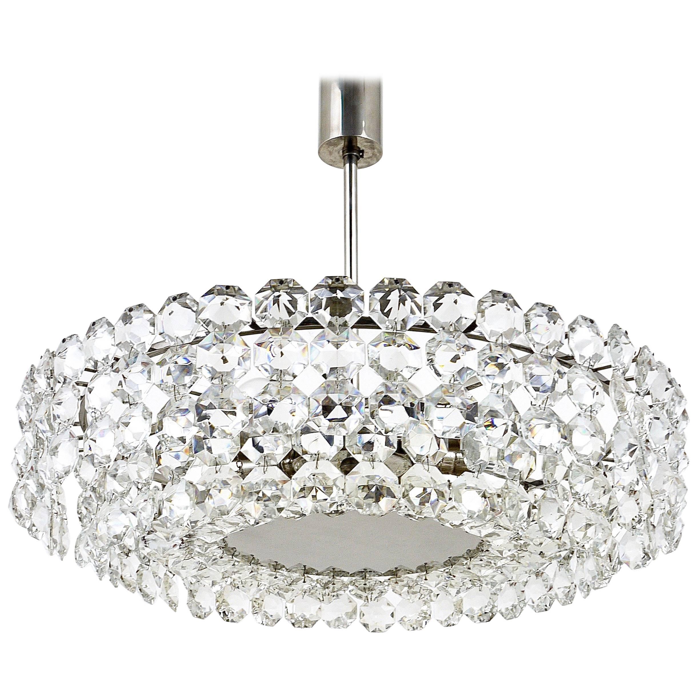 Large Bakalowits Nickel Chandelier with Diamond-Shaped Crystals, Austria, 1960s