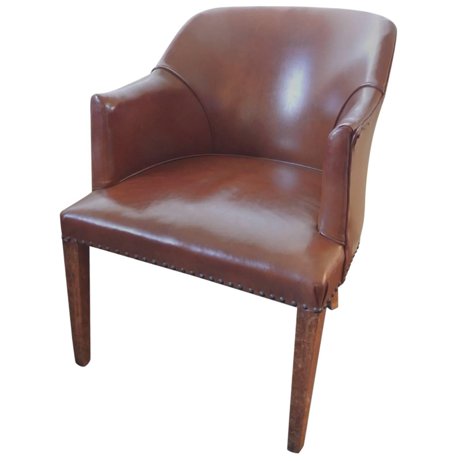 Antique French Leather Armchair with Wood Square Legs